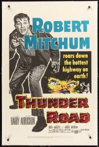 4w480 THUNDER ROAD linen 1sh '58 great full-length artwork of moonshiner Robert Mitchum with gun!