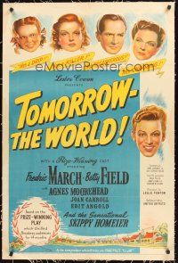 4w482 TOMORROW THE WORLD linen 1sh '44 Fredric March & Field try to redeem Nazi youth Skip Homeier!