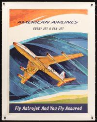 4w156 AMERICAN AIRLINES EVERY JET A FAN JET linen travel poster '64 cool Astrojet art by Hanke!