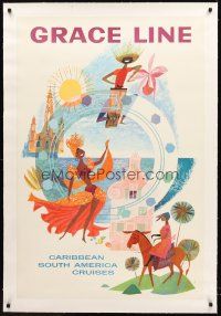 4w166 GRACE LINE linen travel poster '50s Caribbean South America Cruises, cool art by David Klein!