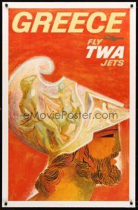4w168 GREECE FLY TWA JETS linen travel poster '60s cool art of ancient Greek soldier by David Klein!