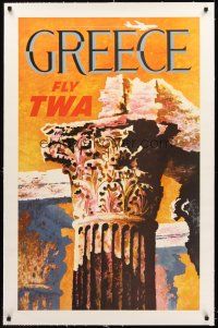 4w167 GREECE FLY TWA linen travel poster '60s cool art of the Greek ruins by David Klein!