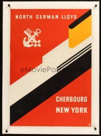 4w171 NORTH GERMAN LLOYD linen German travel poster '30s cruise ship from Cherbourg to New York!
