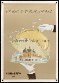 4w173 SCOPRI VENEZIA linen Italian travel poster '90s art of the city of Venice on dinner platter!