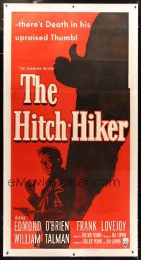 4x216 HITCH-HIKER linen 3sh '53 different film noir image of man with upraised thumb & shadow!