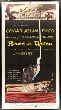 4x217 HOUSE OF USHER linen 3sh '60 Edgar Allan Poe's tale of evil, cool art by Reynold Brown!