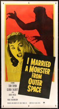 4x219 I MARRIED A MONSTER FROM OUTER SPACE linen 3sh '58 terrified Gloria Talbott & monster shadow!