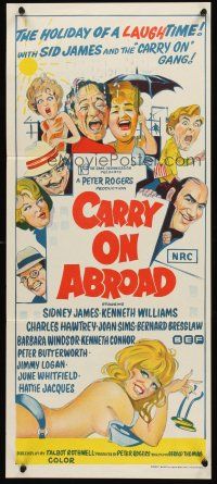 4y169 CARRY ON ABROAD Aust daybill '72 Sidney James, Kenneth Williams, Joan Sims, English sex
