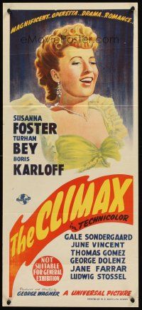 4y173 CLIMAX Aust daybill '44 Boris Karloff, Turhan Bey, stone litho art of pretty Susanna Foster!