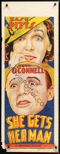 4y188 SHE GETS HER MAN long Aust daybill '35 stone litho art of Zasu Pitts & Hugh O'Connell!