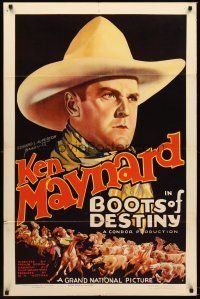 4y089 BOOTS OF DESTINY 1sh '37 art opf cowboy Ken Maynard in a thriller of the open prairies!