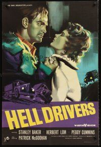4y110 HELL DRIVERS English 1sh '57 great art of Stanley Baker grabbing sexy redhead Peggy Cummins!