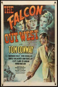 4y104 FALCON OUT WEST style A 1sh '44 great art of Tom Conway as The Falcon w/pretty women!