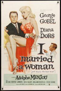 4y111 I MARRIED A WOMAN 1sh '58 artwork of sexiest Diana Dors sitting in George Gobel's lap!
