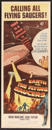 4y270 EARTH VS. THE FLYING SAUCERS insert '56 sci-fi classic, cool art of UFOs & aliens!
