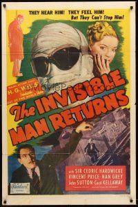 4y112 INVISIBLE MAN RETURNS 1sh R48 Vincent Price, Hardwicke, H.G. Wells, cool sci-fi image!
