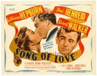 4y032 SONG OF LOVE TC '47 art of Katharine Hepburn & Paul Henreid kissing + Robert Walker!