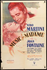 4y120 MUSIC FOR MADAME 1sh '37 wonderful romantic art of Joan Fontaine & Nino Martini!