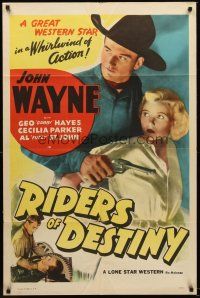 4y131 RIDERS OF DESTINY 1sh R47 John Wayne in a whirlwind of action, Cecilia Parker!