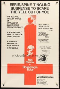 4y134 ROSEMARY'S BABY 1sh '68 Roman Polanski, Mia Farrow, different upside-down cross image!