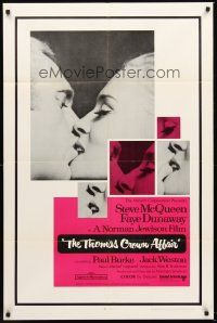 4y145 THOMAS CROWN AFFAIR 1sh '68 best kiss close up of Steve McQueen & sexy Faye Dunaway!