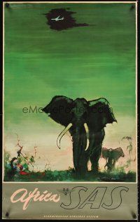 4y220 SAS AFRICA Danish travel poster '60s Scandinavian Airlines, art of elephants by Otto Nielsen!