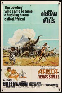 4z026 AFRICA - TEXAS STYLE 1sh '67 art of Hugh O'Brien roping zebra by stampeding animals!