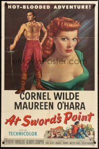 4z063 AT SWORD'S POINT 1sh '52 full-length Cornel Wilde, super close up of sexy Maureen O'Hara!