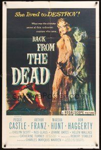 4z068 BACK FROM THE DEAD 1sh '57 Peggie Castle lived to destroy, cool sexy horror art & image!