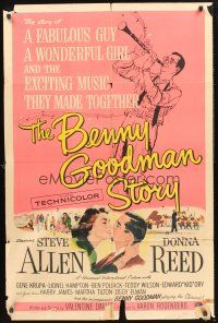 4z089 BENNY GOODMAN STORY 1sh '56 Steve Allen as Goodman, Donna Reed, Gene Krupa, Reynold Brown art