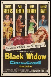 4z104 BLACK WIDOW 1sh '54 Ginger Rogers, Gene Tierney, Van Heflin, George Raft, sexy art!