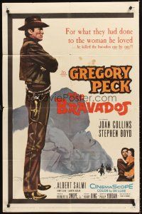 4z118 BRAVADOS 1sh '58 full-length art of cowboy Gregory Peck with gun & sexy Joan Collins!