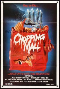 4z169 CHOPPING MALL video 1sh '86 Wolfe art of machine hand carrying shopping bag with head in it!