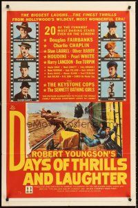 4z218 DAYS OF THRILLS & LAUGHTER 1sh '61 Charlie Chaplin, Laurel & Hardy, cool train chase art!