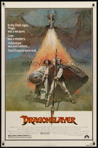 4z246 DRAGONSLAYER 1sh '81 cool Jeff Jones fantasy artwork of Peter MacNicol w/spear & dragon!