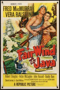 4z289 FAIR WIND TO JAVA 1sh '53 art of Fred MacMurray & sexy Vera Ralston in the South Seas!