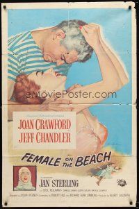 4z305 FEMALE ON THE BEACH 1sh '55 sexy art of Joan Crawford and Jeff Chandler kissing in the sand!