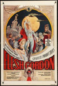 4z322 FLESH GORDON 1sh '74 sexy sci-fi spoof, wacky erotic super hero art by George Barr!