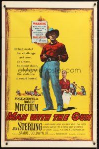 4z547 MAN WITH THE GUN 1sh '55 Robert Mitchum as a man who lived and breathed violence!