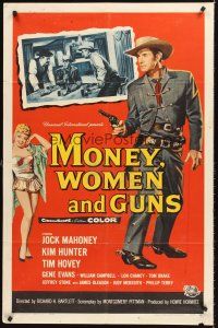 4z580 MONEY, WOMEN & GUNS 1sh '58 cowboy Jock Mahoney w/revolver, cool poker gambling image!