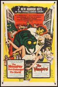 4z582 MONSTER THAT CHALLENGED THE WORLD/VAMPIRE 1sh '57 wacky sci-fi double-bill!