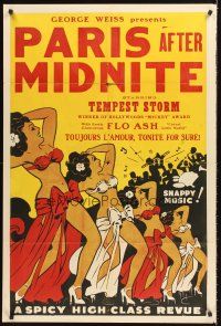4z647 PARIS AFTER MIDNIGHT 1sh '51 Tempest Storm, great artwork of sexy burlesque showgirls!