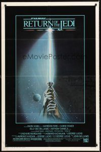 4z693 RETURN OF THE JEDI 1sh '83 George Lucas classic, great art of hands holding lightsaber!