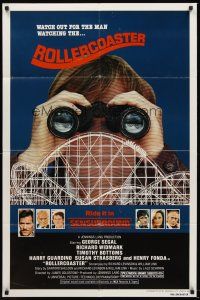 4z713 ROLLERCOASTER 1sh '77 George Segal, Richard Widmark, image of creepy stalker w/binoculars!