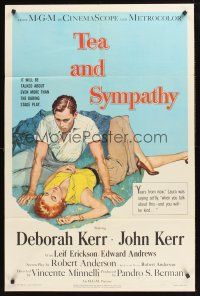 4z849 TEA & SYMPATHY 1sh '56 great artwork of Deborah Kerr & John Kerr by Gale, classic tagline!