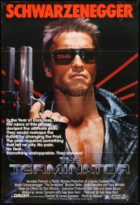 4z853 TERMINATOR 1sh '84 super close up of most classic cyborg Arnold Schwarzenegger with gun!