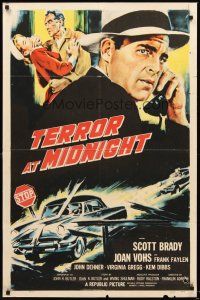 4z854 TERROR AT MIDNIGHT 1sh '56 Scott Brady, Joan Vohs, film noir, cool car crash art!