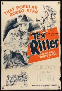 4z858 TEX RITTER STOCK 1sh '40s great art of that popular rodeo star, Sundown on the Prairie!