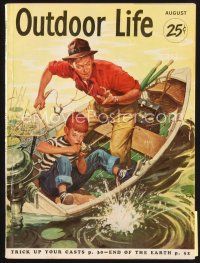 5b163 OUTDOOR LIFE magazine August 1953 art of father & son fishing in boat by Charles Dye