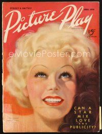 5b118 PICTURE PLAY magazine April 1936 wonderful artwork of sexy Jean Harlow by Tatiana Fall!